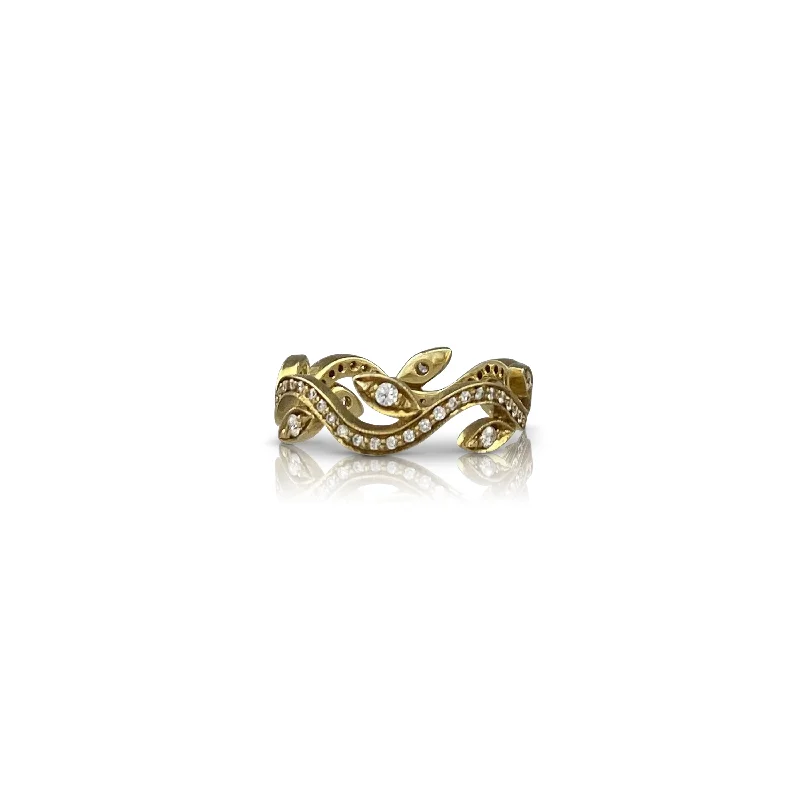 Silver Wedding Ring Set-Leaf & Vine Eternity Ring in Yellow Gold with Diamonds