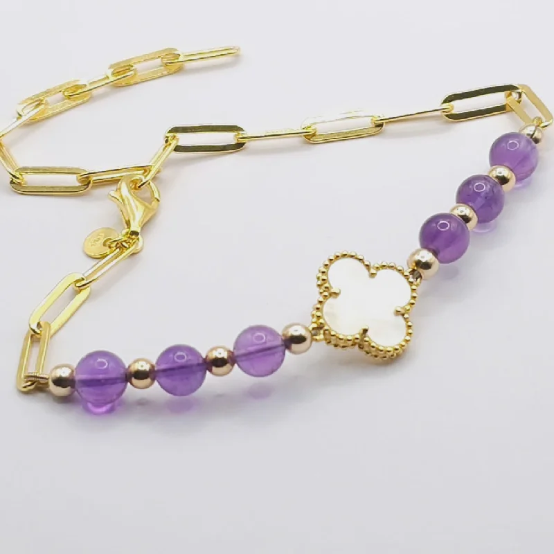 Adjustable Bangle Bracelet-PEARL CLOVER & AMETHYST GOLD MINIMALIST BRACELET