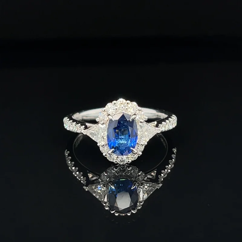 Gold Wedding Ring with Engraving-Blue Sapphire & Diamond Cluster Engagement Anniversary Ring in 18k White Gold - #547 - #RGSAP217443