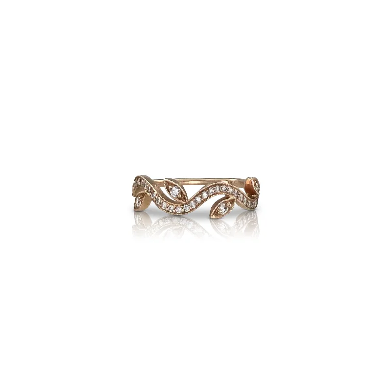 Solitaire Engagement Ring-Leaf & Vine Ring in Rose Gold with Diamonds