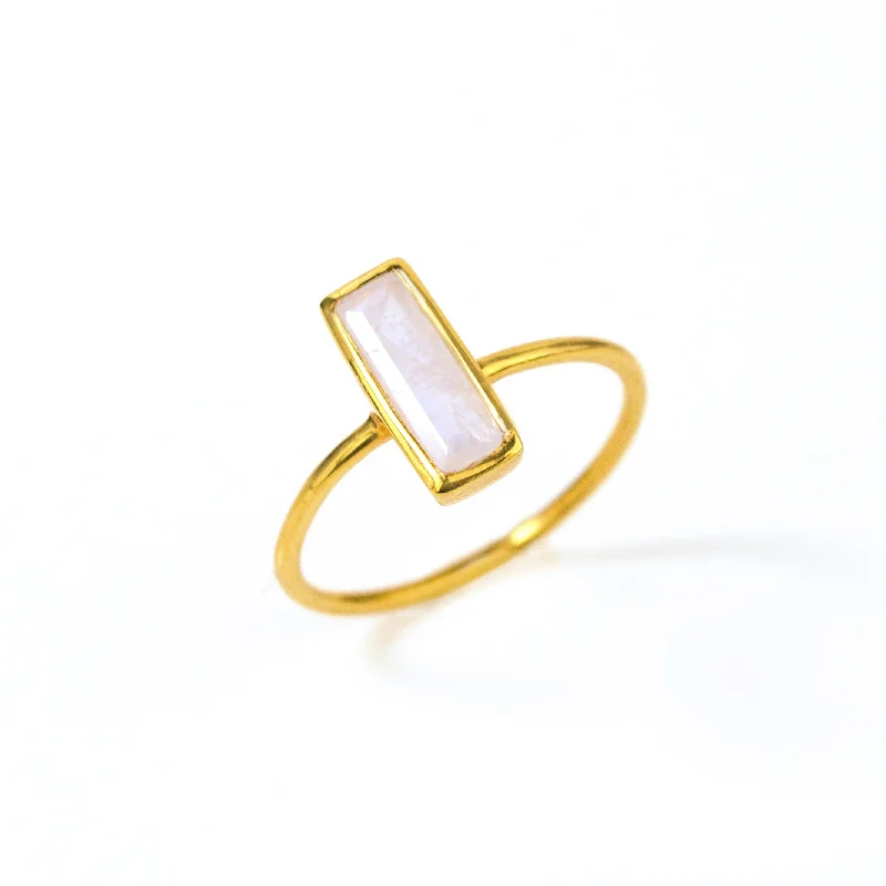 Bold Silver Band Ring-Tiny Moonstone Bar Ring : June Birthstone