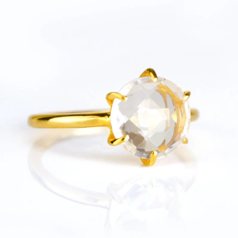 Men’s Gold Signet Ring-Clear Quartz Round Prong Set Ring : April Birthstone