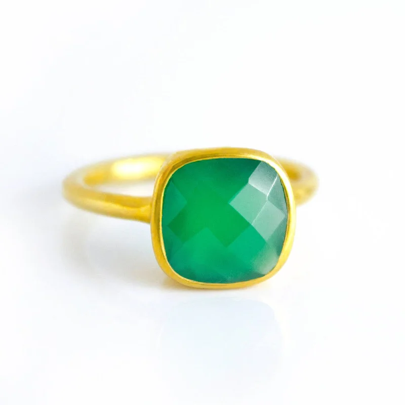 Modern Solitaire Ring-Green Onyx Square Cushion Bezel Stacking Ring: May Birthstone