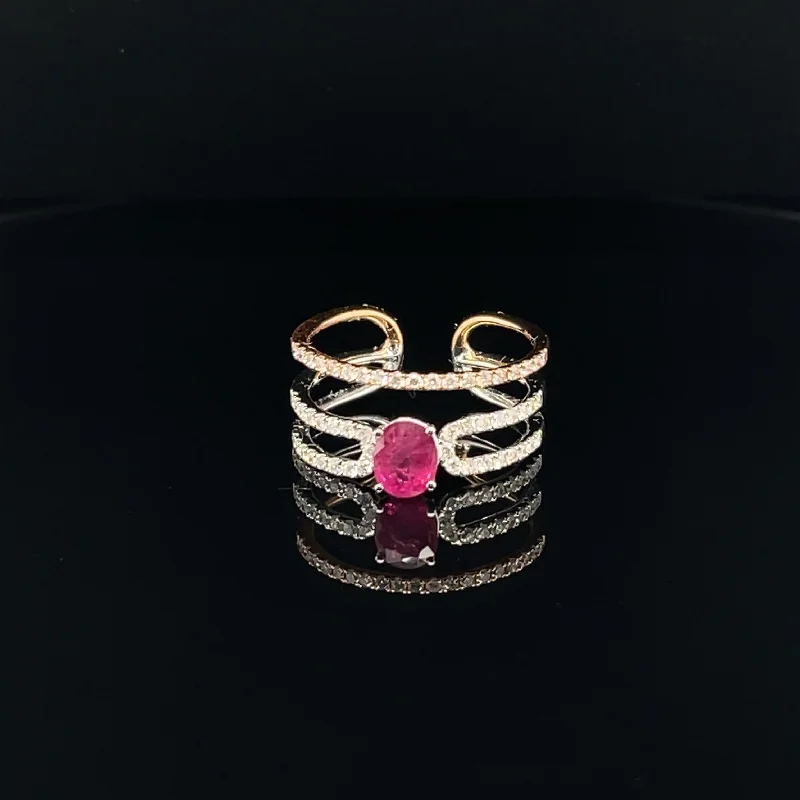 Dainty Engagement Ring-Ruby & Diamond Triple Stack Open Cuff Ring in 18k Two Tone Gold - (#41-HRRUB000306)