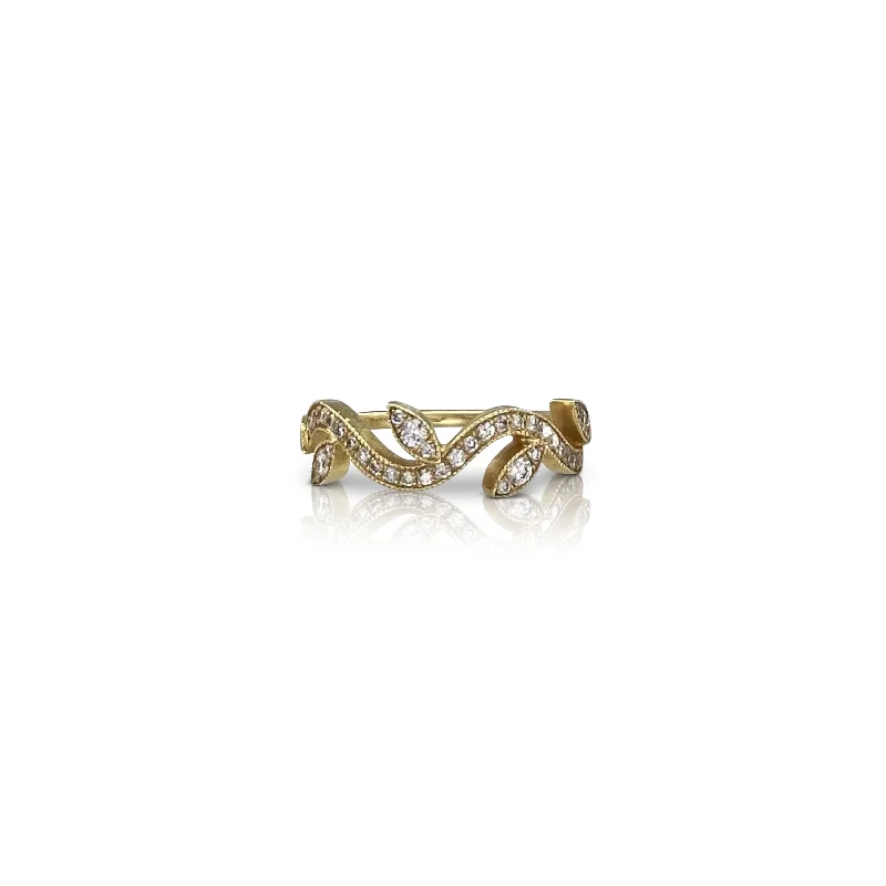 Blue Topaz Ring-Leaf & Vine Ring in Yellow Gold with Diamonds