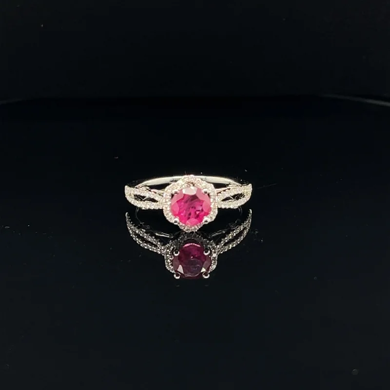 Platinum Diamond Ring-Ruby & Diamond Halo Entwined Split Shank Engagement Ring - (#104-RGRUB104765)