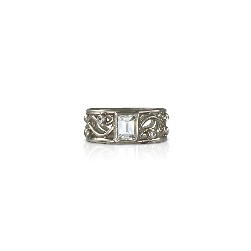 Classic Wedding Band-Platinum Emerald Cut Diamond Frozen Lace Ring