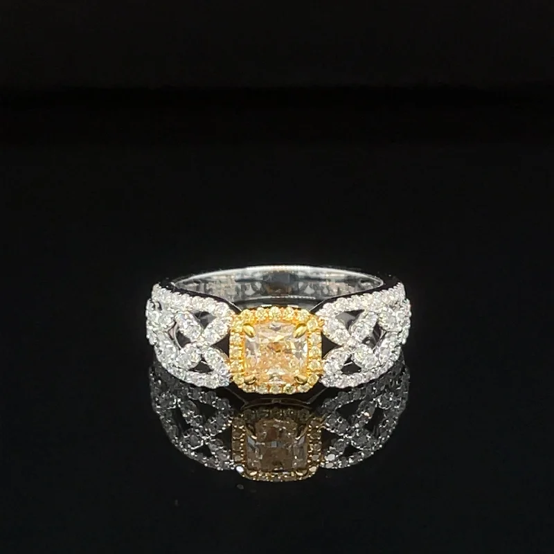 Handmade Gemstone Ring-Yellow & White Diamond Cushion Halo Trellis Engagement Ring in 18k Two-Tone Gold - #609 - RGDIA671156