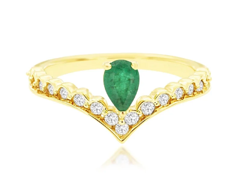 Oval Cut Diamond Ring-14K Yellow Gold Emerald & Diamond Curve Ring