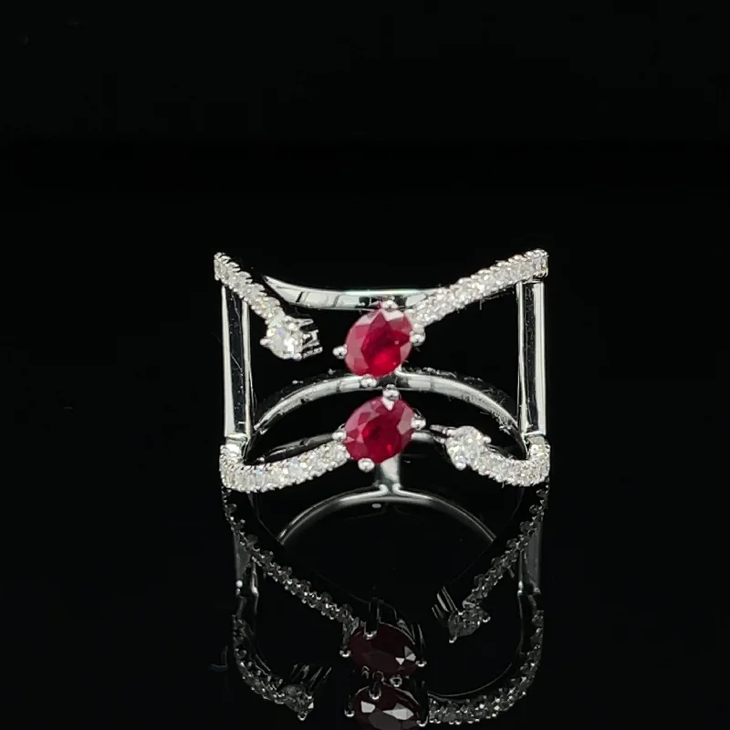 Unique Sapphire Ring-Ruby 2-Stone Bow-Tie Wide Double Ring in 18k White Gold - #234 - HRRUB002262