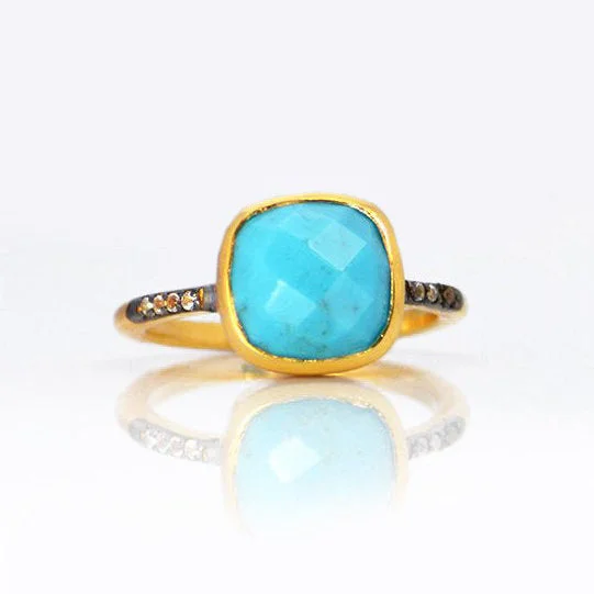 Men’s Wedding Ring with Stone-Turquoise Pave Cushion Bezel Set Stacking Ring: December Birthstone