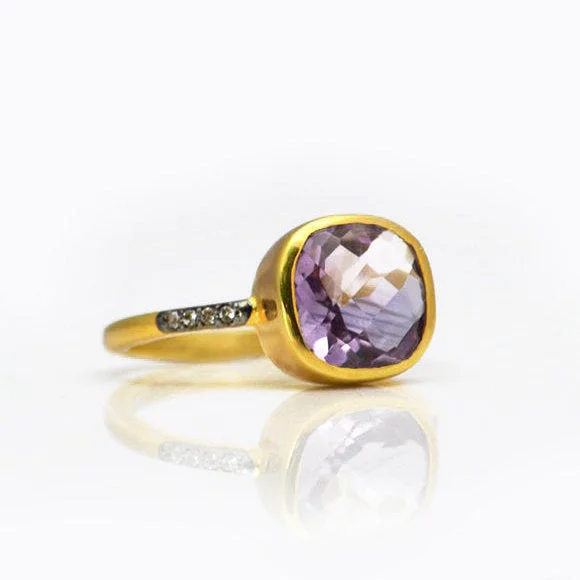 Vintage Diamond Ring-Purple Amethyst Pave Cushion Bezel Set Stacking Ring: February Birthstone