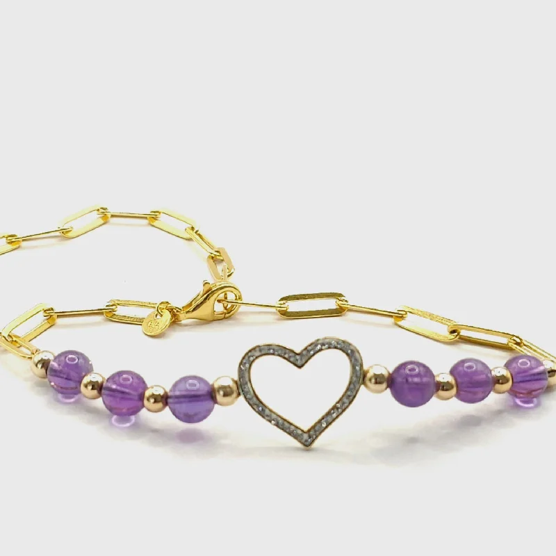 Bracelet with Engraving-AMETHYST GOLD HEART MINIMALIST BRACELET