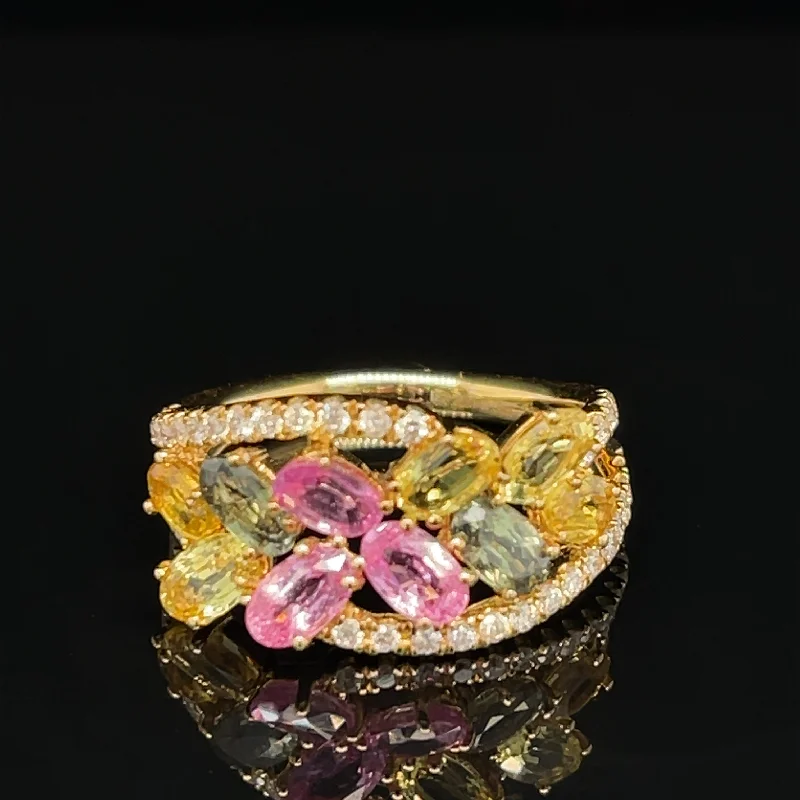 Customizable Gold Ring-Yellow, Green, Pink Sapphire & Diamond 3.61ctw Cluster Swirl Ring - #409 - HRMIX000672