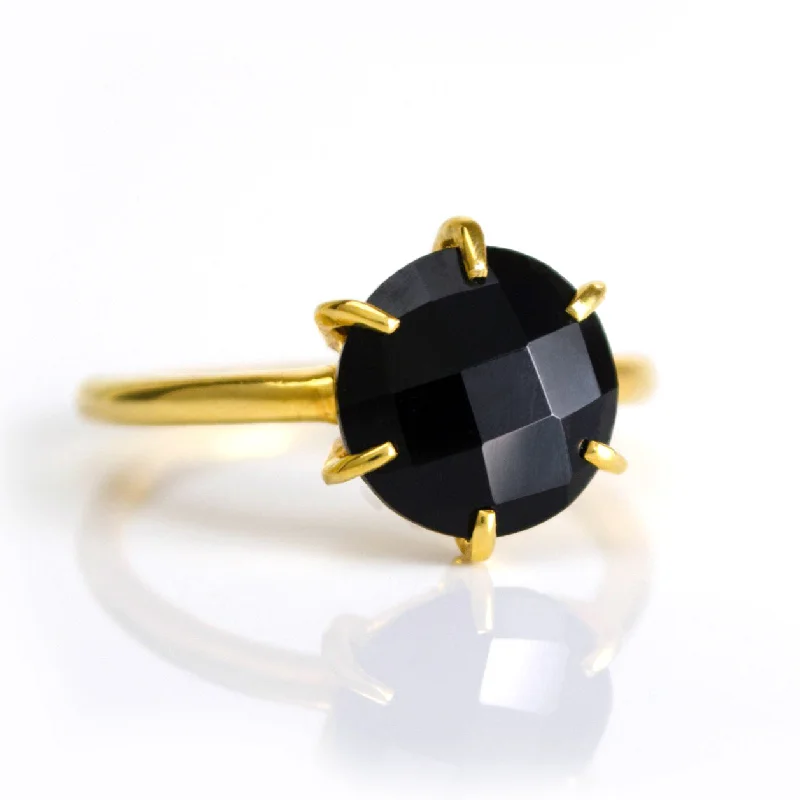 Simple Gold Wedding Ring-Black Onyx Round Prong Set Ring