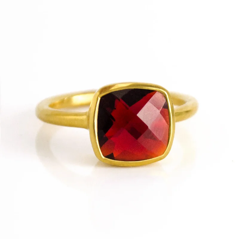 Custom Ring for Anniversary-Garnet Cushion Square Bezel Set Stacking Ring: January Birthstone