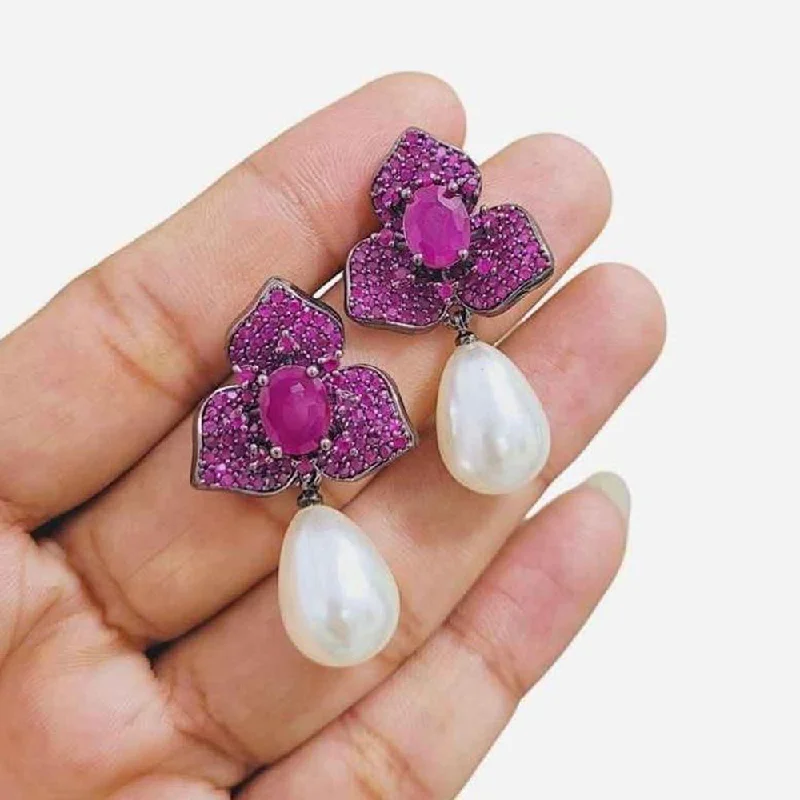 Gemstone Stud Earrings for Women-Gemstone Stud Earrings for Women-JewelTreeTz Gold Plated Beautiful Micro Pave Petal with Pearl Drops Earrings (Piece 1 Only)