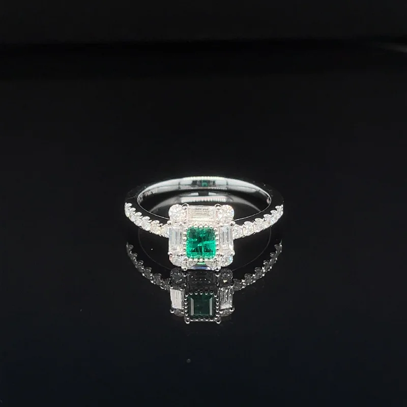 Two-Tone Wedding Ring-Emerald & Diamond Cushion Halo Engagement Ring in 18k White Gold - #607 - RGEME065955