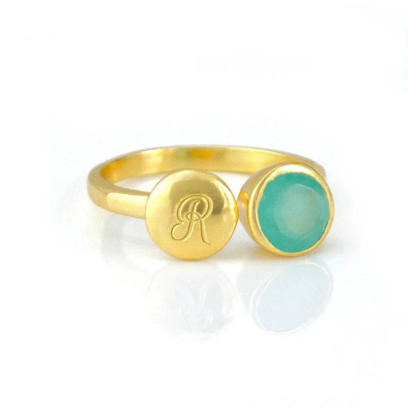 Custom Diamond Wedding Band-Custom Initial Adjustable Aqua Chalcedony Ring, March Birthstone