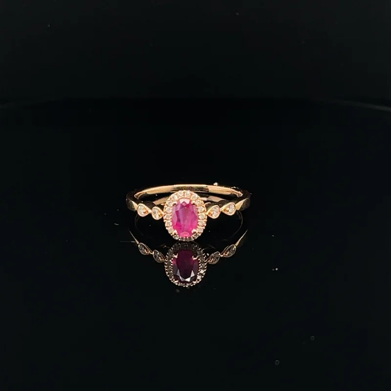 Ruby Engagement Ring for Women-Ruby & Diamond Halo Cluster Geometric Ring in 18k Rose Gold - (#38-HRRUB000498)