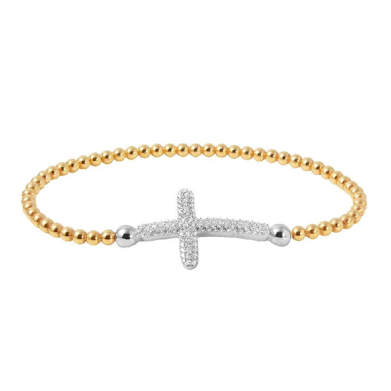 Rose Gold Bangle Bracelet-Clearance-Silver 925 Gold Plated Beaded Italian Bracelet with CZ Encrusted Cross - ITB00195GP-RH