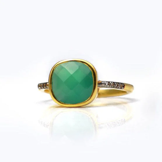 Silver Solitaire Ring-Green Onyx Pave Cushion Bezel Set Stacking Ring: May Birthstone