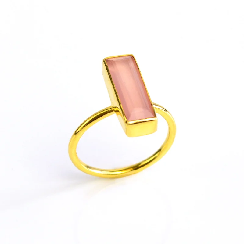 Gold Ring with Diamonds-Pink Chalcedony Bar Ring : October Birthstone