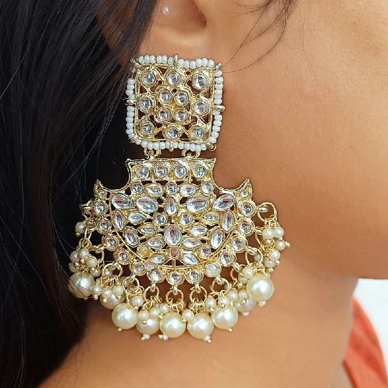 Pearl Drop Earrings-Pearl Drop Earrings-Gehana Mahal Gold Plated Kundan And Pearl Dangler Earrings