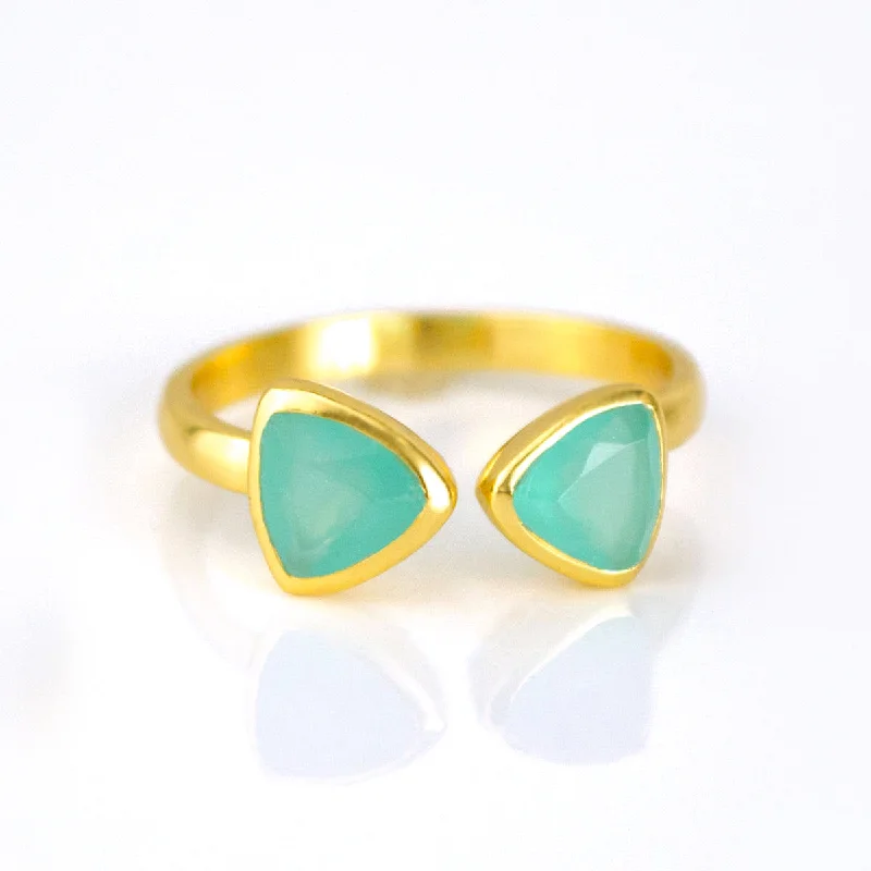 Cushion Cut Sapphire Ring-Aqua Chalcedony Adjustable Bow Tie Triangle Ring