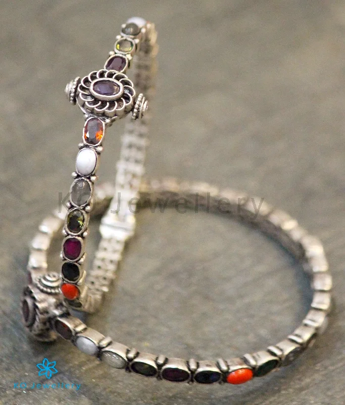 Multi-Colored Leather Bracelet-The Vidvat Silver Navaratna Bracelet (Oxidised/Size 2.2/2.4/2.6/2.8)