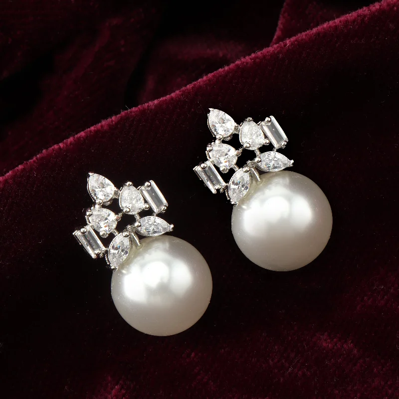 Natural Stone Earrings-Natural Stone Earrings-Nipura Zircon Pearl Fall Earrings