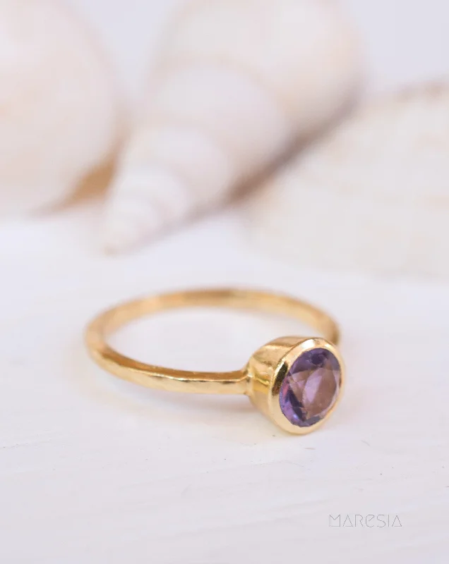 Men’s Wedding Band with Diamonds-Amethyst Gold Ring ~ 18k Gold Plated ~ MR213