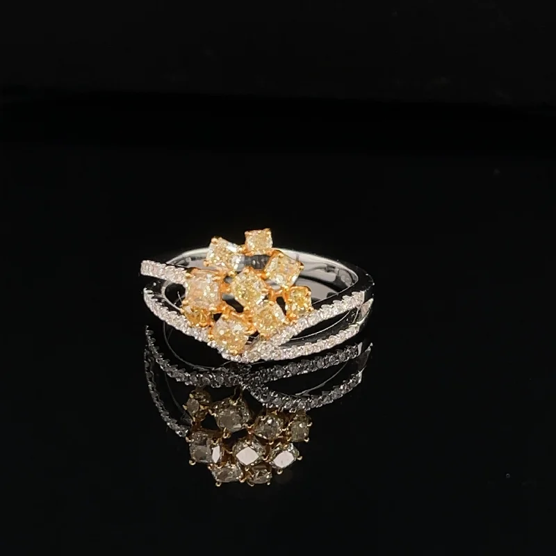 Platinum Wedding Ring-Mixed Fancy Yellow Diamond Bouquet Split Shank Ring in 18k Two-Tone Gold - (#206 - RGDIA 657206)