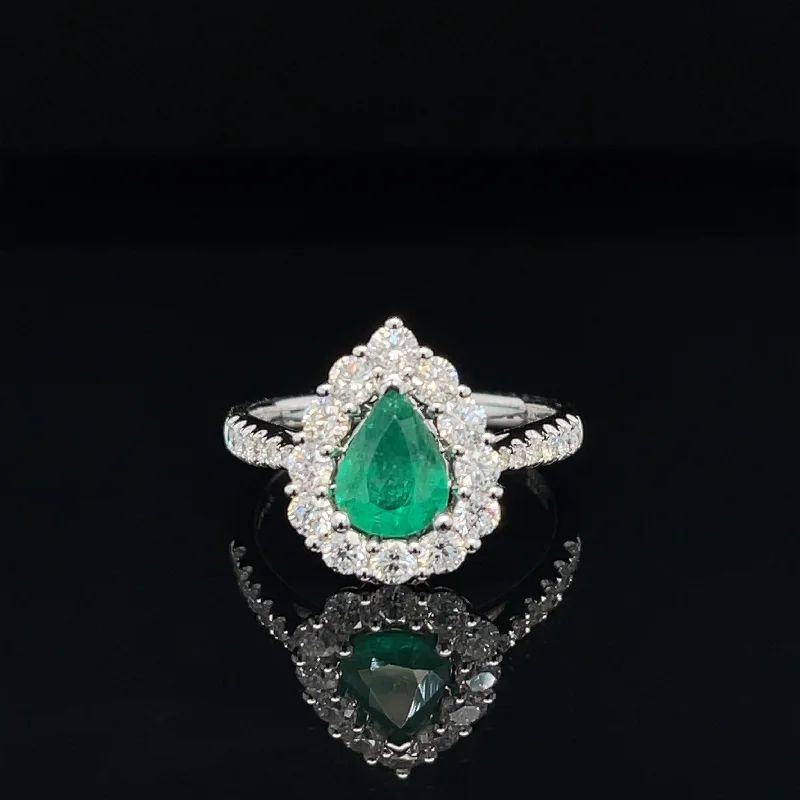 Stylish Gold Ring-Pear Emerald & Diamond Halo Cluster Engagement Anniversary Ring in 18k White Gold - #551 - RGEME065337