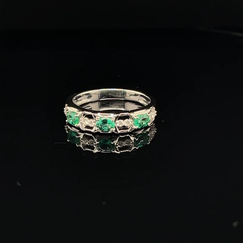 Women’s Designer Engagement Ring-Emerald & Diamond Oval ¾ Eternity Band in 18k White Gold - (#35-HREME000193)