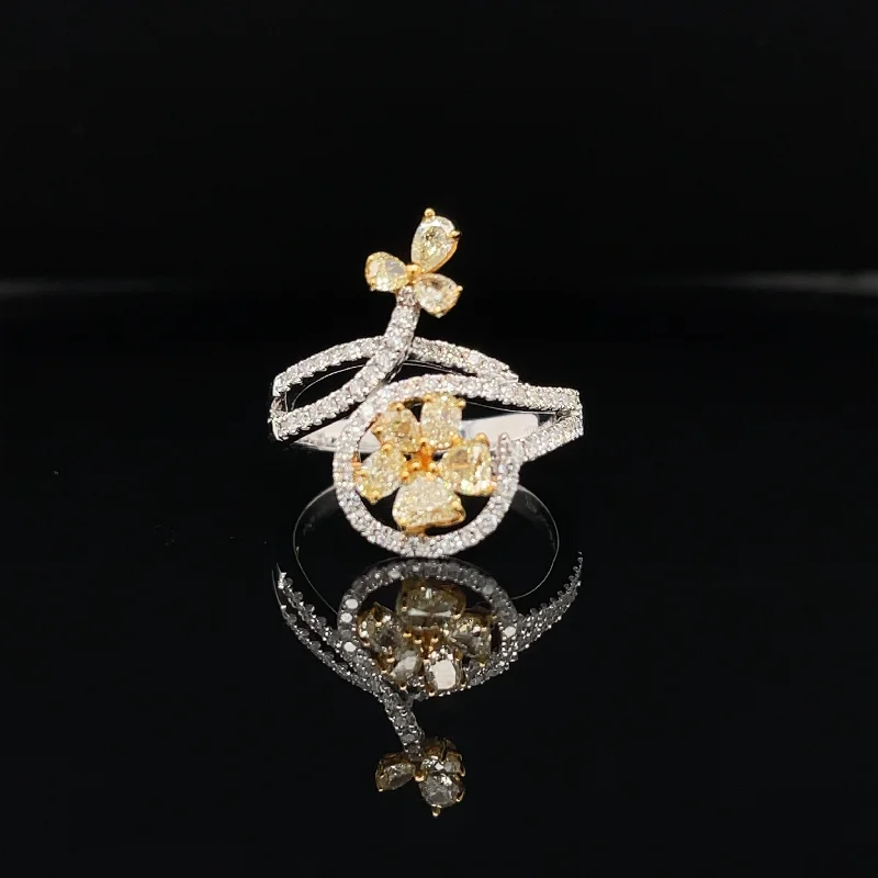 Silver Solitaire Ring-Yellow & White Diamond 1.41ctw Double Flower Vine Ring in 18k Two-Tone Gold - #373 - RGDIA657200