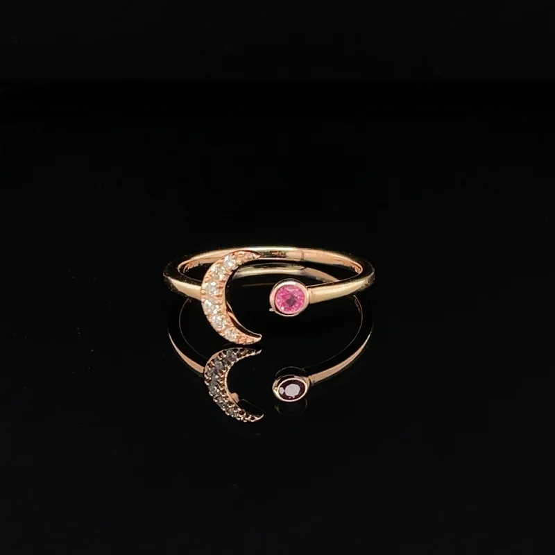 Matching Couple Rings-Diamond Luna Moon & Rubellite Star Open Ring in 18k Rose Gold - (#221 - HRRUB002658)