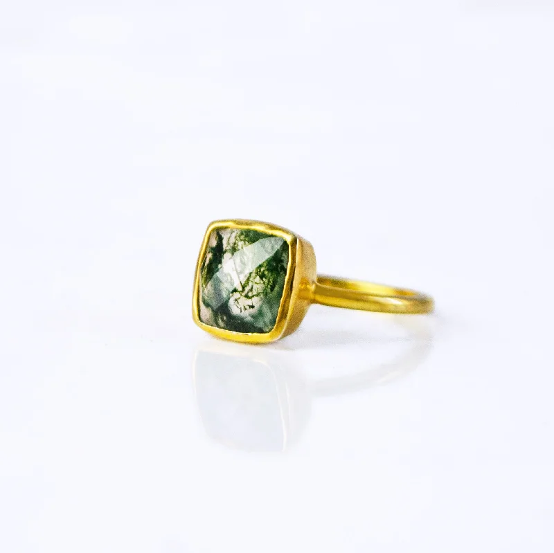 Classic Gold Engagement Ring-Moss Agate Cushion Square Bezel Set Stacking Ring