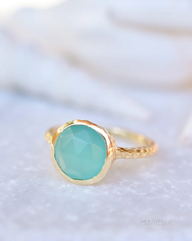 Men's Stainless Steel Ring-Gabi Aqua Chalcedony Gold Ring ~ 18k Gold Plated ~SMR106