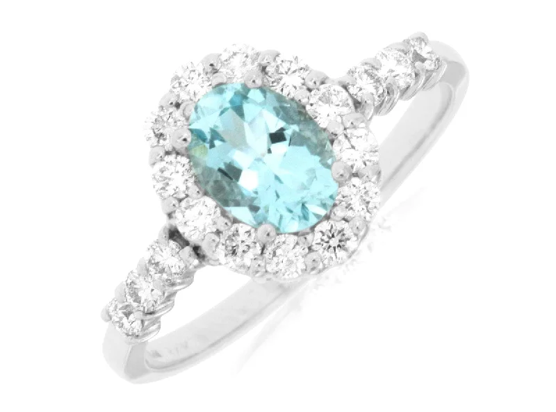 Stackable Wedding Bands-14K White Gold Aquamarine & Diamond Halo Ring