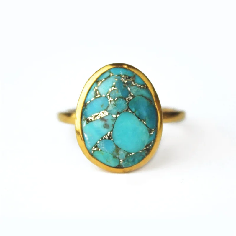 Gold Engagement Ring-Copper Turquoise Large Teardrop Oval Ring