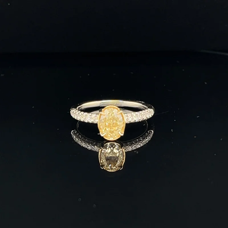 Custom Wedding Ring Set for Couple-Fancy Yellow & White Diamond Oval Basket Ring in 18k Two Tone Gold - (#126-JR1369GR)