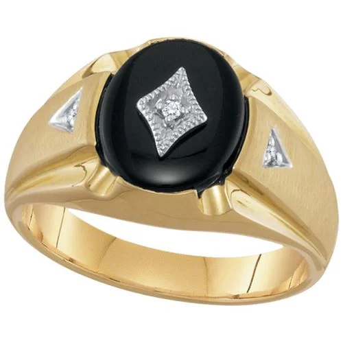 Silver Ring for Men-12X10MM Oval Onyx and Diamond Gem Stone Ring in 10KT Yellow Gold