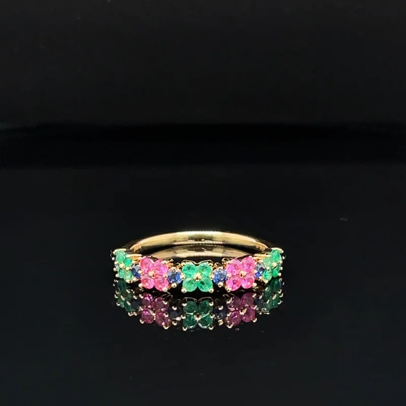 Unique Couples Rings-Pink & Blue Sapphire, Emerald Cluster Flower Ring in 18k Yellow Gold - #532 - RGMIX019666