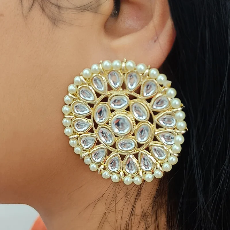 Custom Made Earrings-Custom Made Earrings-Gehana Mahal Gold Plated Kundan And Pearl Studs Earrings