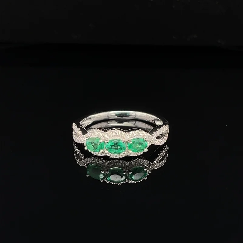 Gold Wedding Band for Men-Emerald & Diamond 3-Stone Halo Anniversary Ring in 18k White Gold - (#204 - RGEME063321)