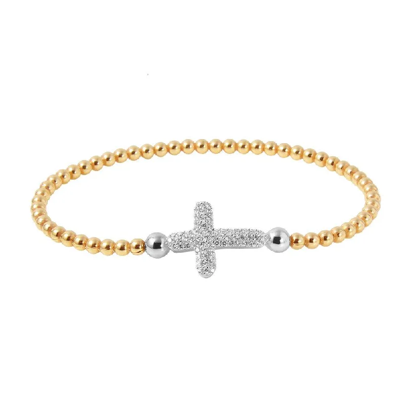 Women’s Adjustable Bracelet-Clearance-Silver 925 Gold Plated Beaded Italian Bracelet with CZ Encrusted Cross - ITB00196GP-RH