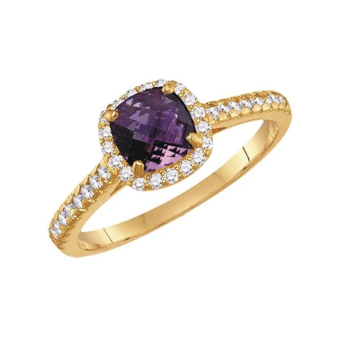 Black Diamond Engagement Ring-6MM Cushion Amethyst and White Sapphire Birthstone Ring in 10KT Yellow Gold