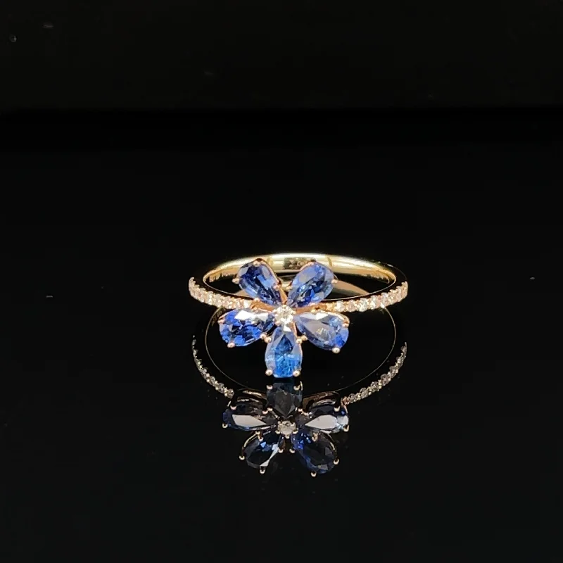 Cushion Cut Engagement Ring-Blue Sapphire Oleander Diamond Promise Ring in 18k Yellow Gold - (#233 - HRSAP001994)