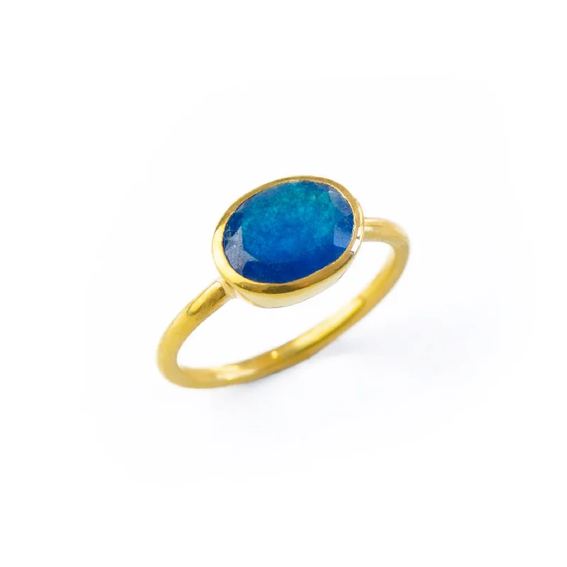 Handmade Gold Ring-Blue Black Jade Oval Ring